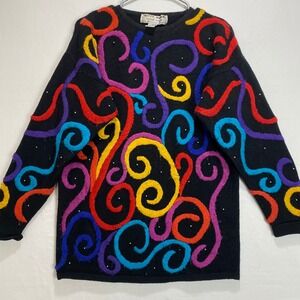 Kitty Hawk by Vivian Wang Black Embroidered Swirl Rhinestone Sweater Size S‎